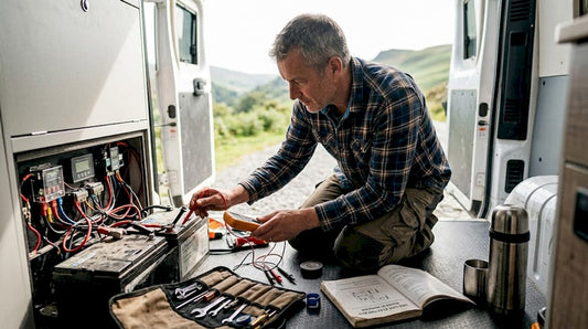 Campervan battery system being inspected