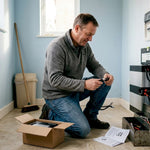 Man installing modular battery system utility room