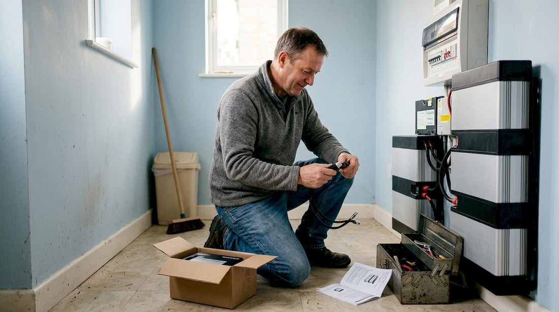 Man installing modular battery system utility room