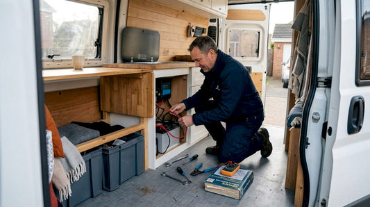Man wiring batteries in campervan interior