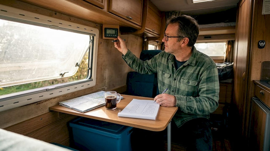 Camper van owner checking battery monitor