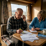 Couple reviewing bills in motorhome