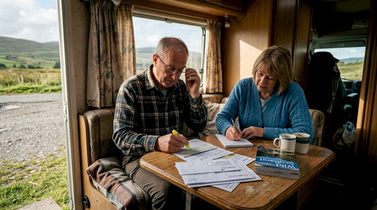 Couple reviewing bills in motorhome