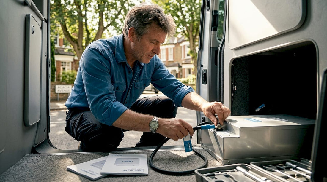 Campervan owner installing lithium battery