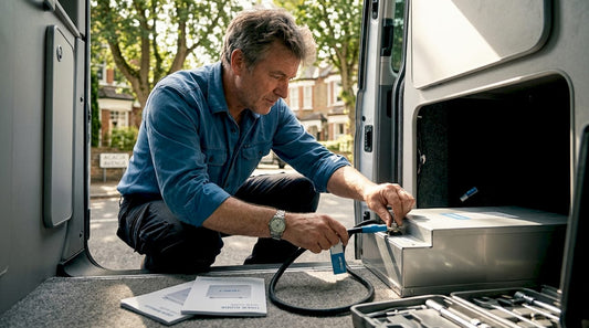 Campervan owner installing lithium battery