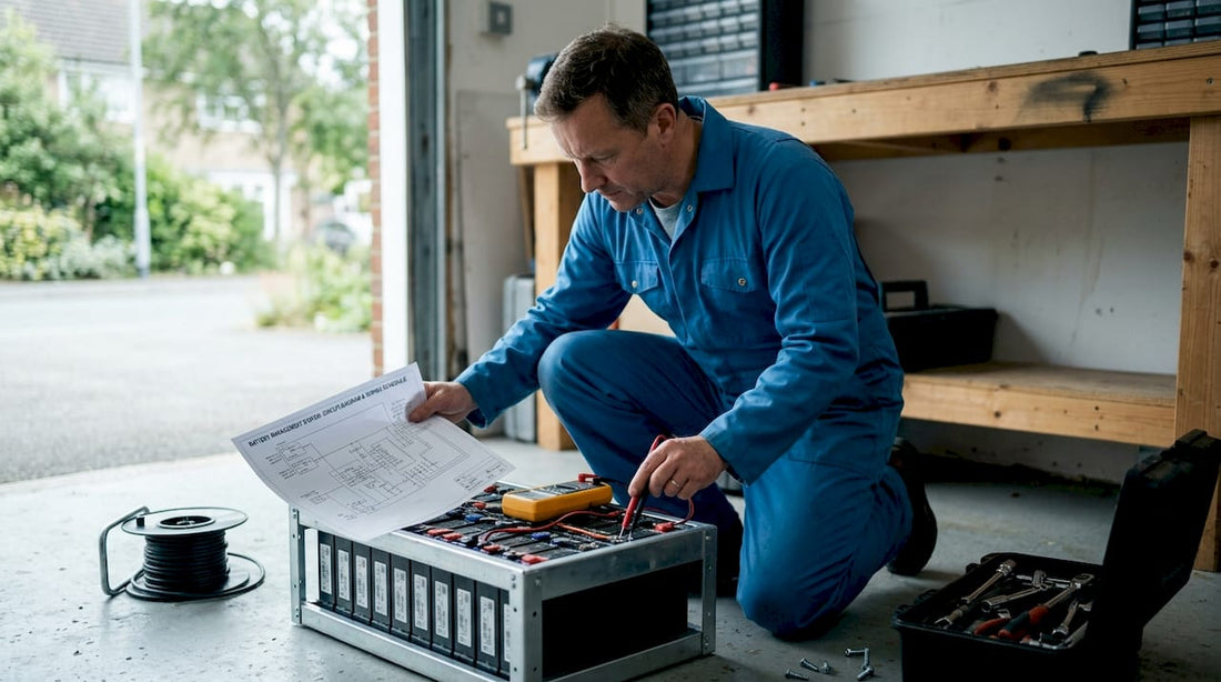 Technician checking lithium batteries in workshop