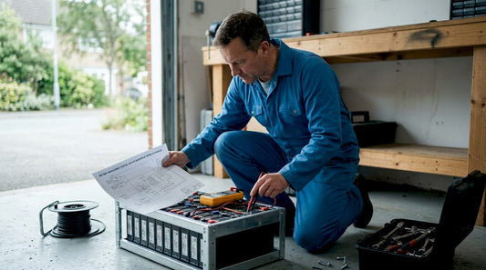 Technician checking lithium batteries in workshop