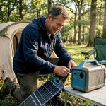 Man connecting portable power station at camp