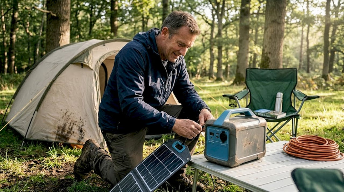 Man connecting portable power station at camp