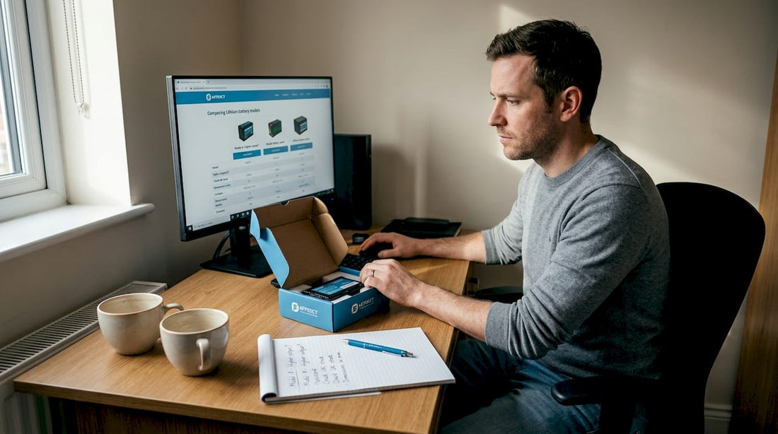 Man comparing lithium battery alternatives at desk