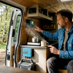 Van owner checks solar energy system