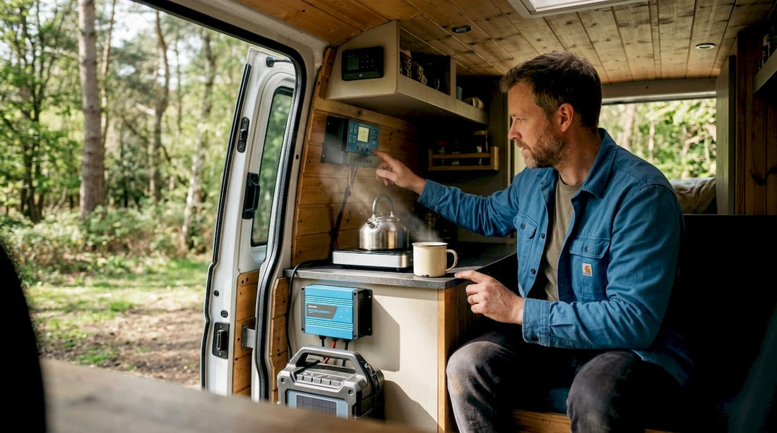 Van owner checks solar energy system