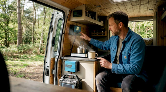 Van owner checks solar energy system