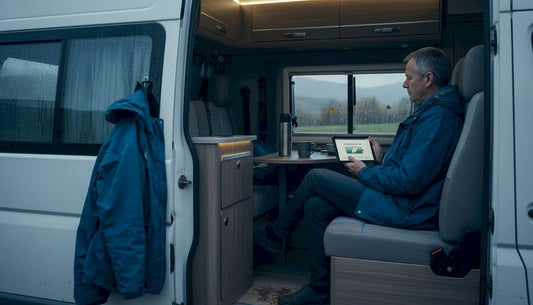 Man checks campervan battery monitor tablet