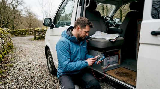 Man troubleshooting campervan power battery system