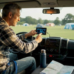 Campervan owner checks battery system monitor