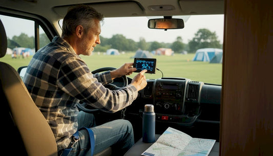Campervan owner checks battery system monitor