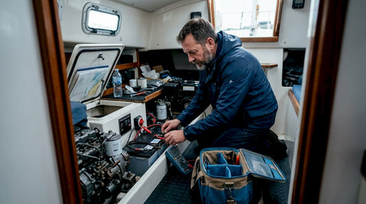 Man checking boat battery system in cabin