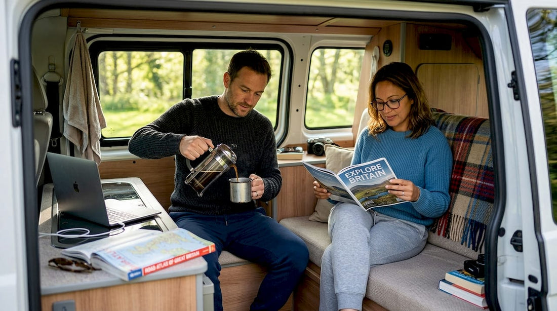 Couple relaxing in campervan interior