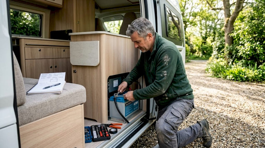 Technician installing lithium battery in campervan