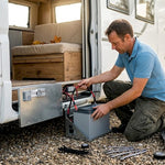 Technician installing lithium battery in motorhome