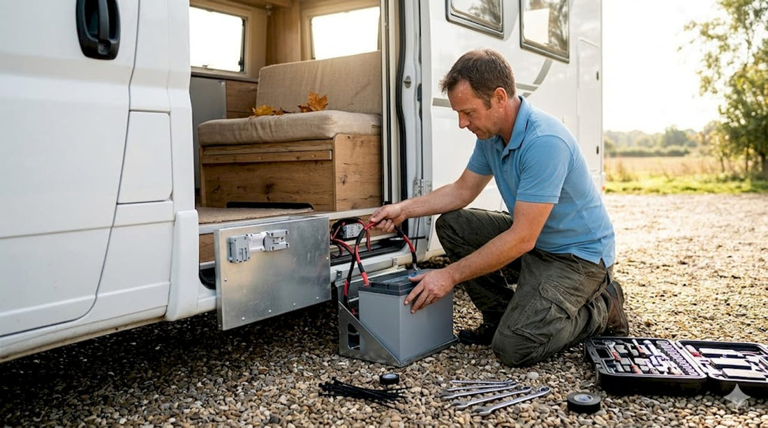 Technician installing lithium battery in motorhome