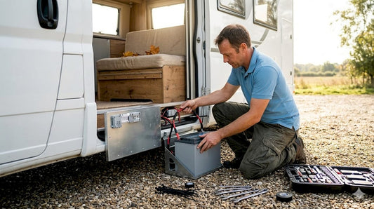 Technician installing lithium battery in motorhome