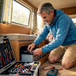 Man installing battery inside campervan upgrade