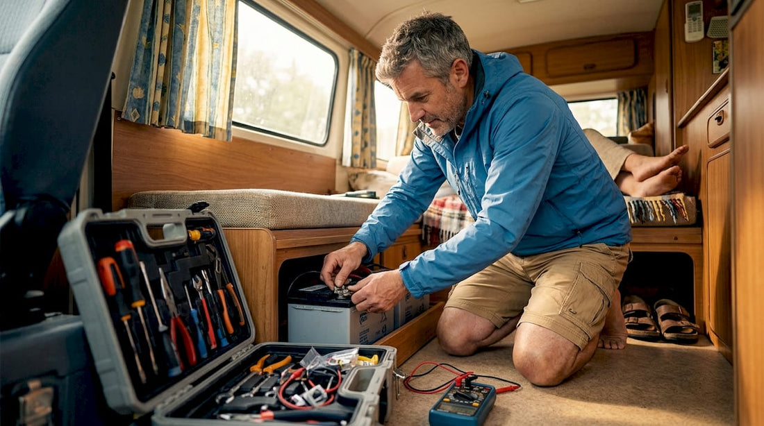 Man installing battery inside campervan upgrade