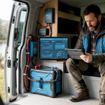 Man using lithium battery system in campervan