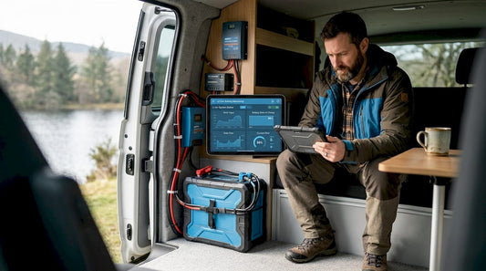 Man using lithium battery system in campervan