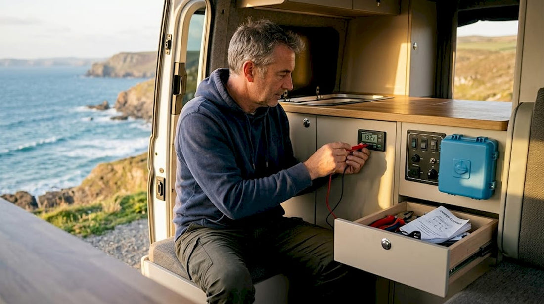 Camper van owner checking battery monitor
