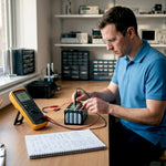 Technician testing lithium battery at lab workbench