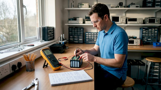 Technician testing lithium battery at lab workbench