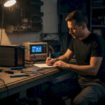 Technician monitoring lithium battery charger at workbench