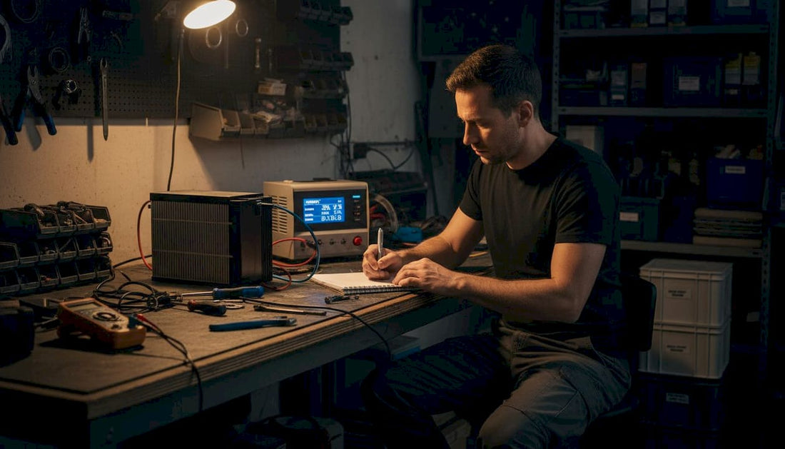 Technician monitoring lithium battery charger at workbench