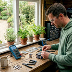 Man assembling lithium battery modules in garage