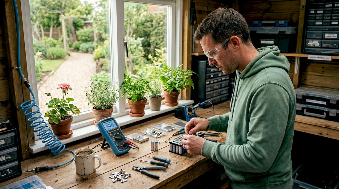 Man assembling lithium battery modules in garage