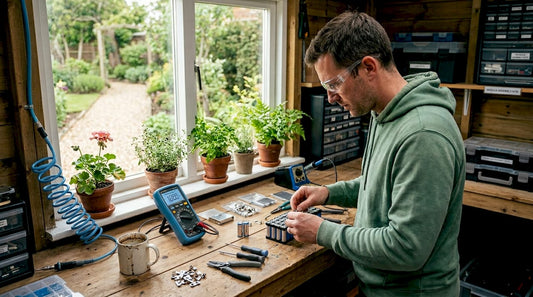 Man assembling lithium battery modules in garage