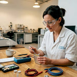 Lab technician examines lithium battery cell at workbench