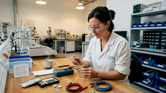 Lab technician examines lithium battery cell at workbench