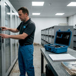 Technician monitoring battery storage facility equipment