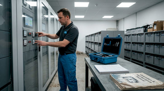 Technician monitoring battery storage facility equipment