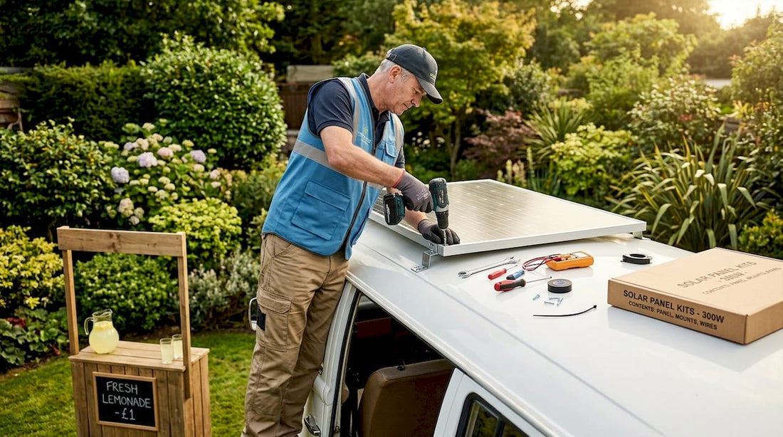 Man installs solar panel on campervan roof