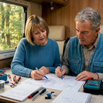 Couple planning campervan solar install inside van