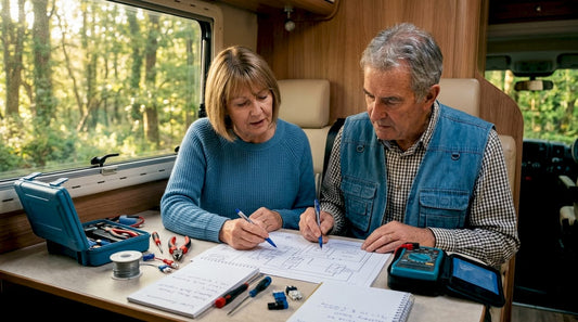 Couple planning campervan solar install inside van
