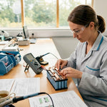 Technician assembling lithium iron phosphate cells