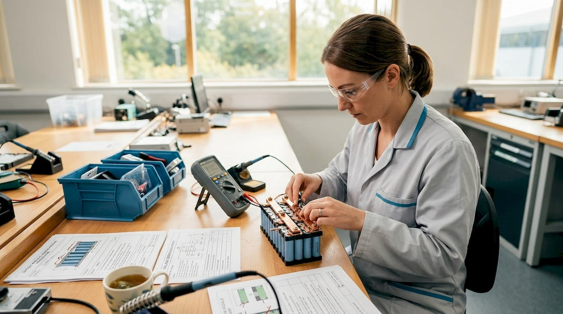 Technician assembling lithium iron phosphate cells