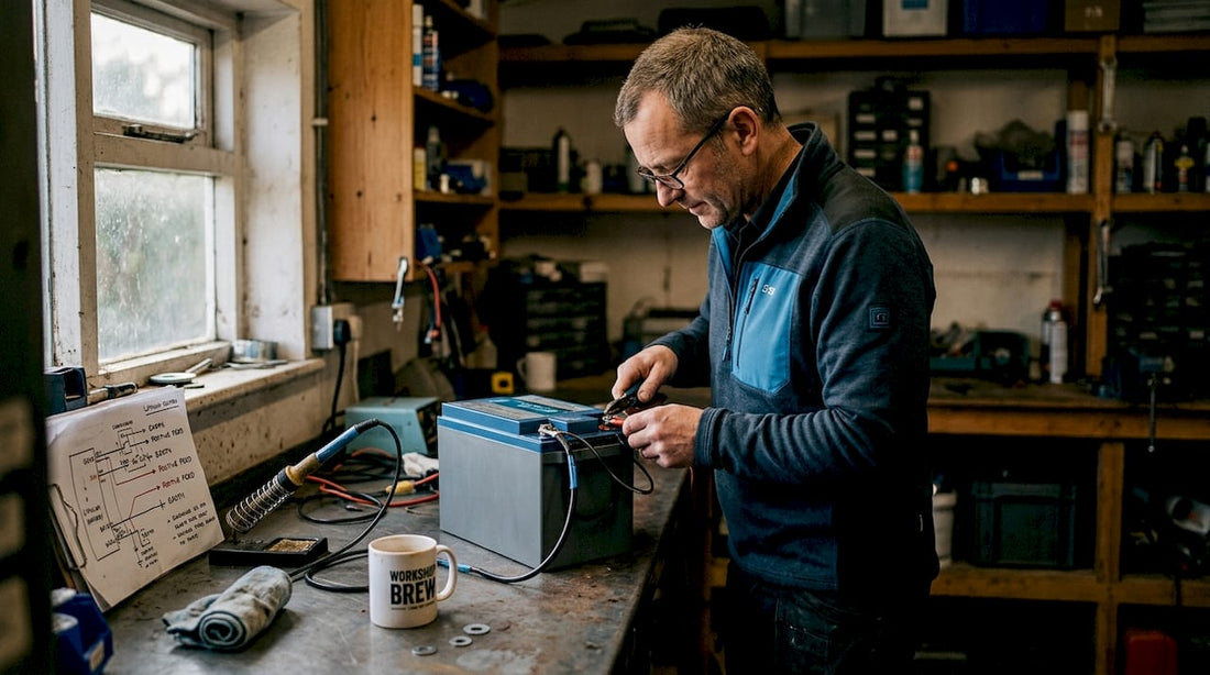 Man inspecting lithium leisure battery in home workshop
