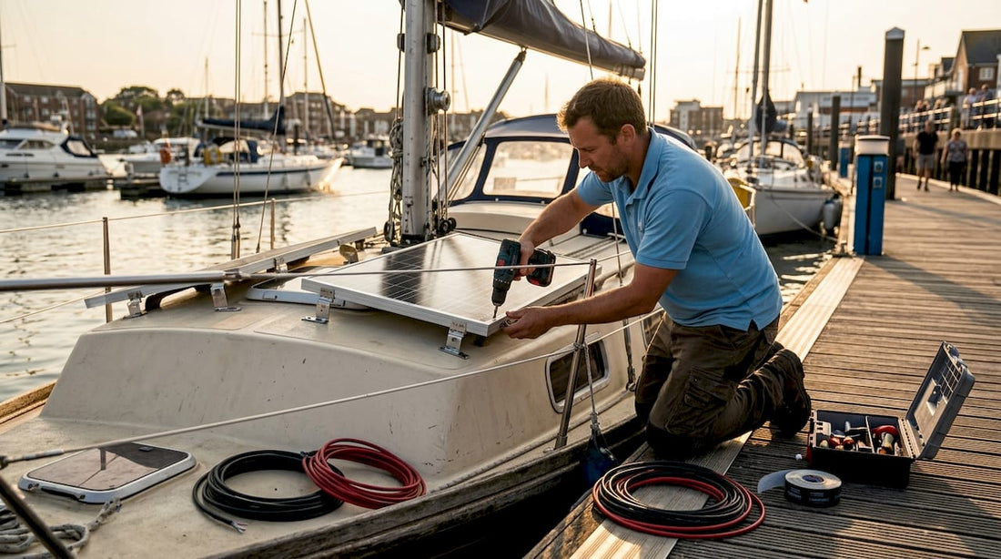 Technician installing solar panel on boat deck